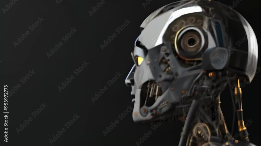 Poster detailed humanoid robot face with glowing yellow eyes against a dark background, representing advanc