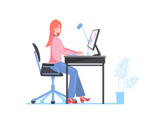 Computer data analysis. Woman work with systems and structures, analyze information. Business technology and workflow automation concept. Vector illustration. For web banner, infographics.