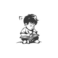 A young boy sits and writes in an open book with a pencil