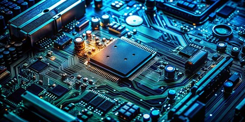 Fototapeta premium A sharp, high-contrast close-up of a computer's internal components, showcasing intricate circuit boards, wires, and