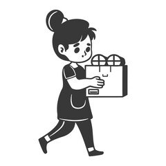 A young girl carrying a large box with a concerned expression