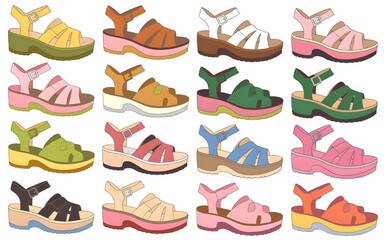 Obraz premium Vector Art of Colorful Summer Sandals with Straps and Platforms, Cartoon Style