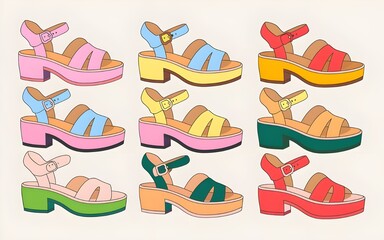 Vector Art of Colorful Summer Sandals with Straps and Platforms, Cartoon Style
