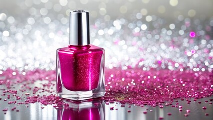 A shiny metallic nail polish bottle with a silver cap and vibrant pink liquid stands upright on a