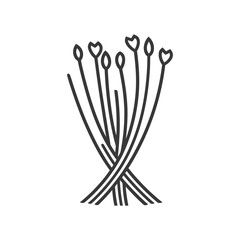 Black and white line drawing of a bunch of tied chives