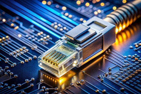 A shiny metallic gigabit Ethernet RJ-45 connector sparkles against a dark background, surrounded by faint circuit board
