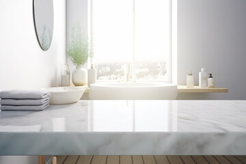 Empty marble table top with blurred bathroom interior background 