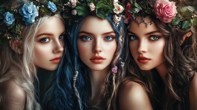 Beautiful fantasy fairy tale elf woman princess portrait collection set wallpaper AI generated image