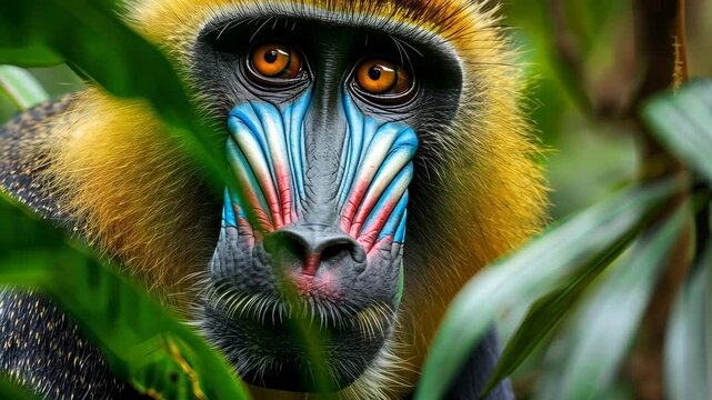 Mandrill monkey in rainforest, close-up portrait. Wildlife and nature concept