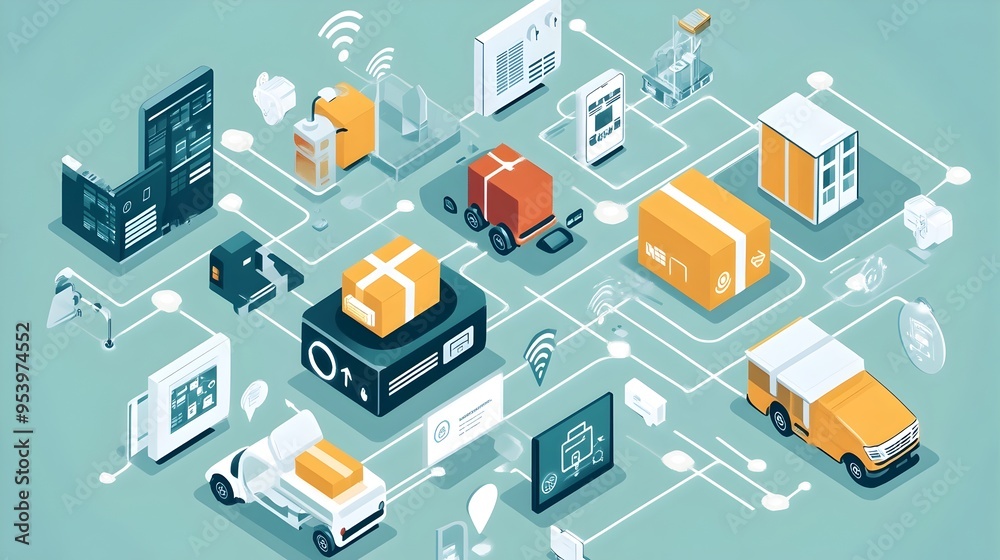 Poster graphic depicting an iot based security system for optimized parcel delivery with automation monitor