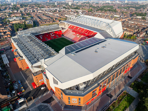 An aerial view of Anfield Stadium, Liverpool.