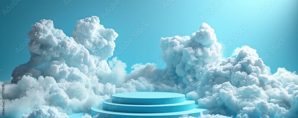 Canvas Prints 3d blue podium surrounded by fluffy clouds under a serene sky. free copy space for text.