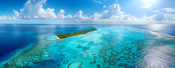 Aerial view of a tropical island with coral reef and turquoise ocean