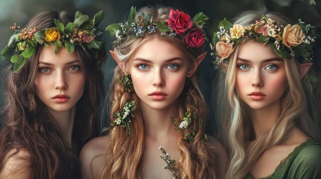 Beautiful fantasy fairy tale elf woman princess portrait collection set wallpaper AI generated image
