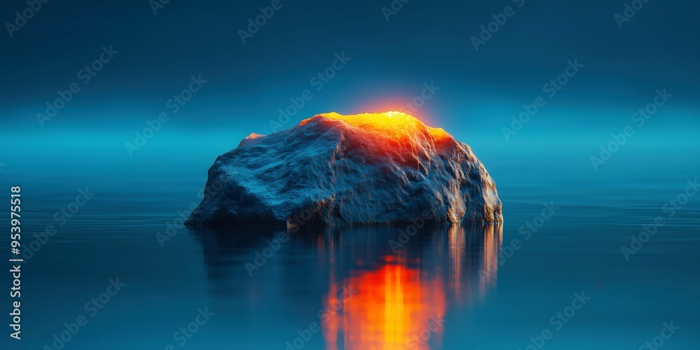 Wall mural Minimalist Still Photography of an Icy Rock in the Sea at Dawn, Blue and Orange Reflections on Calm Water, Serene and Majestic Landscape for Nature Prints or Wallpapers