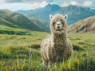 Fototapeta premium A close-up of a fluffy Alpaca standing in a lush, green meadow with the Andes mountains in the background, cinematic style, Compositing Core, 8k, detailed,