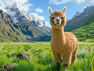 Fototapeta premium A close-up of a fluffy Alpaca standing in a lush, green meadow with the Andes mountains in the background, cinematic style, Compositing Core, 8k, detailed,