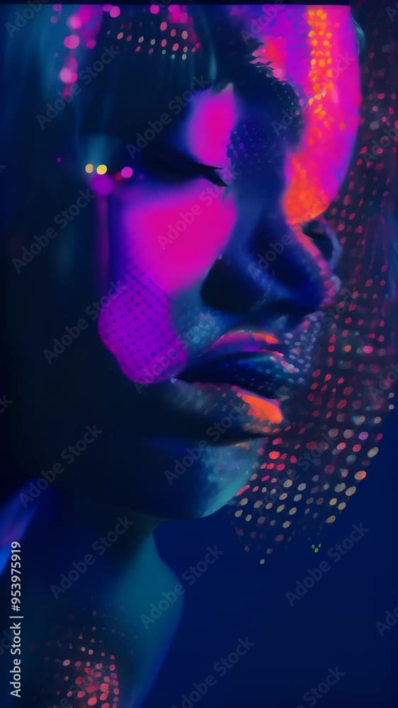 Poster digital portrait of a woman's face with colorful dots and abstract patterns in a dark background. co
