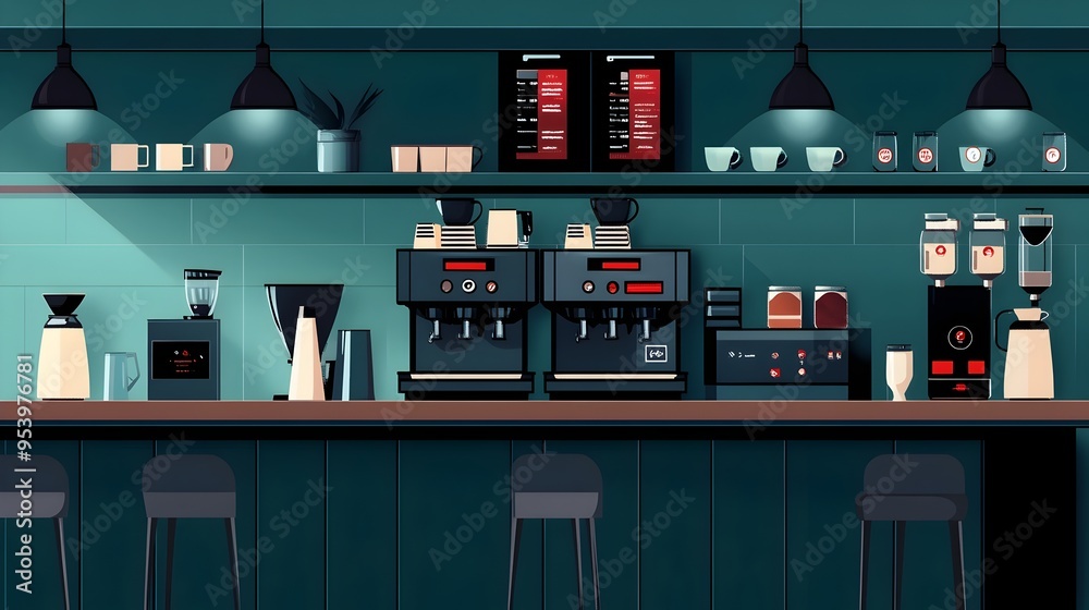 Poster cutting edge graphic depicting iot enabled coffee machines and appliances in a modern technology dri