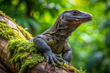 Fototapeta premium A sleek black monitor lizard perches on a gnarled tree branch, its scaly skin contrasting with the rustic,