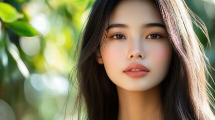 Fototapeta premium Beautiful face of young asian girl with black hair red lips smooth skin background wallpaper AI generated image