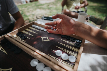Friends enjoying a game of backgammon outdoors on a sunny day
