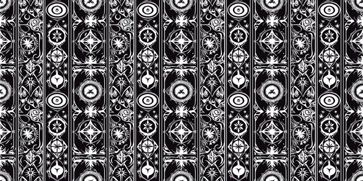 Occult pattern with mystical, dark-themed designs. Background seamless pattern.
