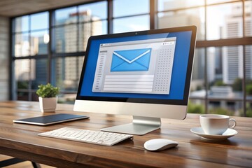 A sleek computer screen displays an open email inbox with support tickets and responsive messages, showcasing efficient