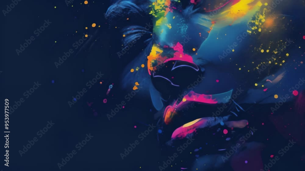 Poster vibrant abstract ai-powered human face emerging from a dark background with neon colors. futuristic 