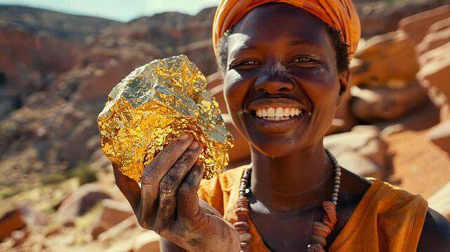 A South African woman proudly holds a large gold nugget, smiling against the backdrop of beautiful, rugged terrain. Her joy reflects the rich heritage of gold mining in the region.