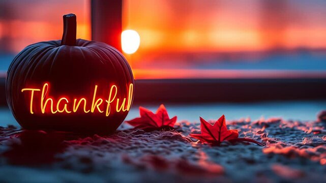 Glowing "Thankful" text on a pumpkin, set against a warm sunset background. Cozy and festive image, symbolizing gratitude and the Thanksgiving spirit, perfect for holiday cards and seasonal greetings