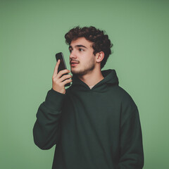 Young man sending voice message via smartphone. Solid simple isolated background