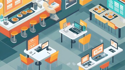 Graphic Depicting IoT Connected Smart Restaurant Tables with Integrated Digital Menus and Automated Ordering Systems for Seamless Dining Experience