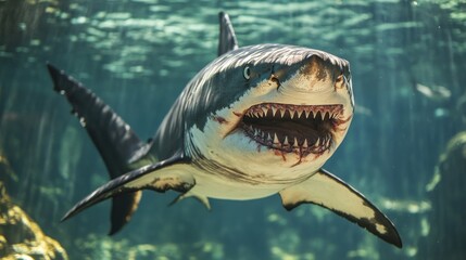 Naklejka premium Big angry and vicious shark with sharp teeth background wallpaper ai generated image