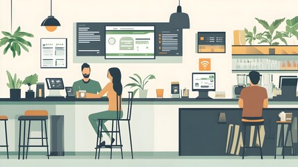 Innovative graphic depicting smart digital payment and billing systems powered by IoT technology for seamless and efficient restaurant financial management customer experience and business workflows