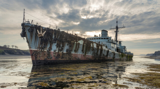 Decaying warship with rusted hull stranded on a beach at low tide, covered with barnacles and algae, abandoned in a coastal environment under a dramatic cloudy sky