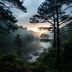 Obraz premium a river running through a forest with tree.