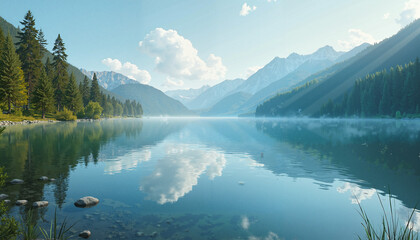Serene Mountain Lake with Misty Reflections against Majestic Alpine Landscape