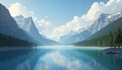 Serene Mountain Lake with Majestic Peaks Reflecting in Turquoise Waters Against Sunlit Sky