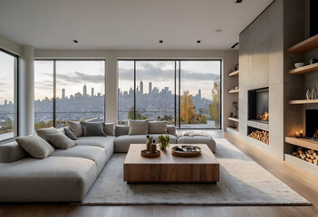 Grey sofa near window against fireplace. Scandinavian home interior design of modern living room.