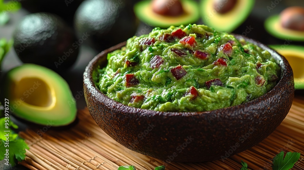 Wall mural bowl of fresh homemade guacamole with avocados and cilantro