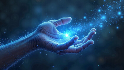Mystical hand with ethereal glow holding magical light against starry blue background