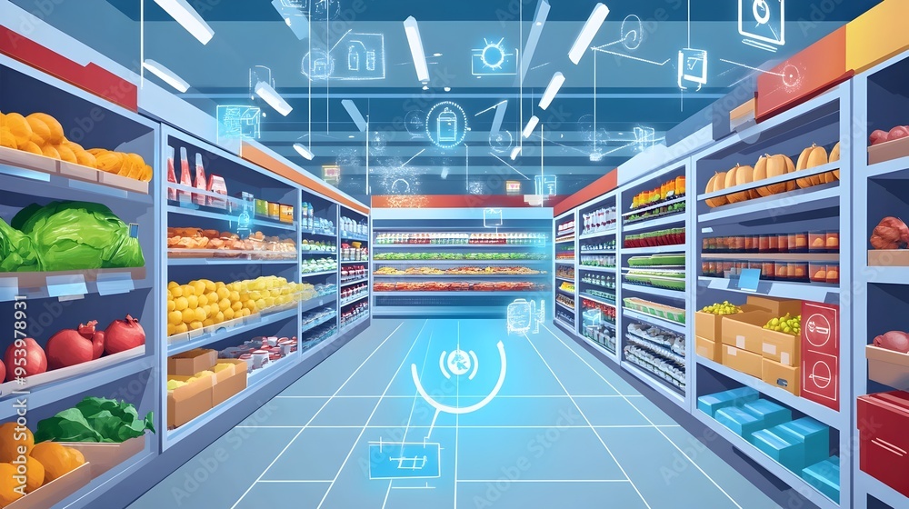 Poster innovative graphic depicting iot connected systems designed for perishable goods storage and distrib