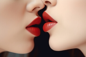 Naklejka premium Passion and kiss between the girls. Two women lips close up