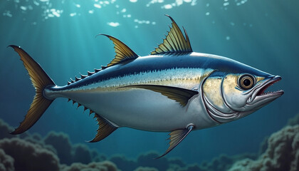 Naklejka premium Majestic Tuna Fish Swimming Gracefully Against Underwater Turquoise Background