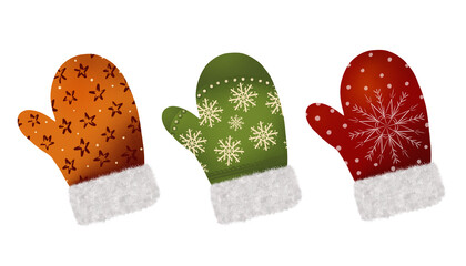 Pair Warm Christmas mittens. Winter clothing item. Isolated illustration. For Christmas greeting cards, cozy  designs, festive holiday.