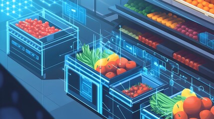 graphic of IoT connected systems designed for optimizing the storage and distribution of perishable goods in fresh market settings  The technology enables real time monitoring
