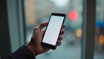Hand holding blank smartphone screen at dusk against blurred city lights