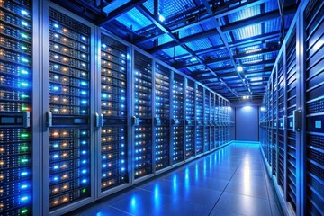 A sleek, modern data center with rows of metal server racks, each filled with multiple circuit cards, cables,