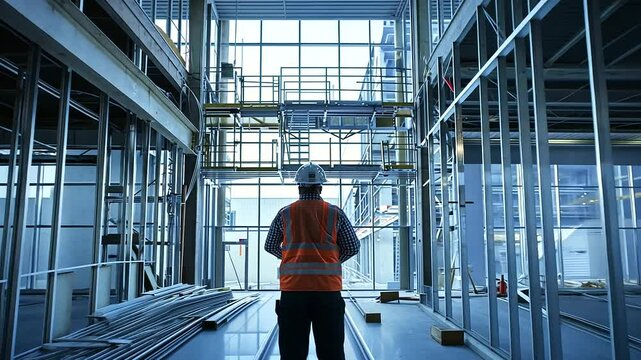 Positioned from behind, a man in a construction helmet stands at the nexus of innovation in a cutting-edge research facility, where the pursuit of knowledge